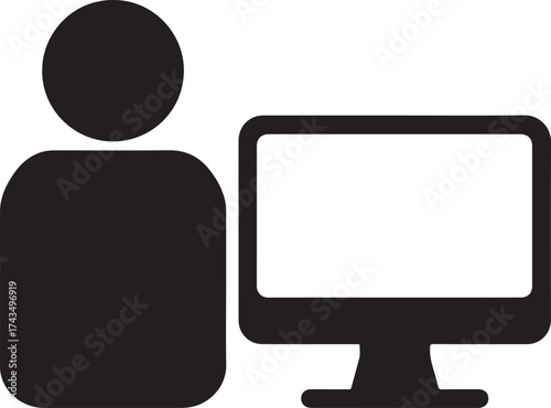 Black Silhouette Icon of a Person Standing Next to a Desktop Computer Monitor vector illustration
