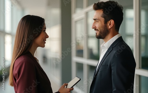 Young man telling gossips to his woman colleague. High quality