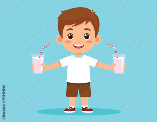 Cartoon boy smiling, holding two glasses of pink drink with striped straws.