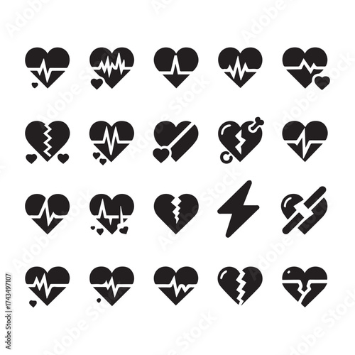 Assortment of Heart and Heartbeat Icons Symbolizing Health and Heartbreak cardiogram electrocardiogram