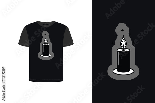 Minimalist Tshirt mockup candle with flame stars graphic dark fire light