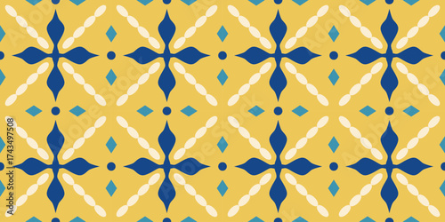 Moroccan styled geometric seamless pattern. Blue and yellow abstract background. Ethnic folk ornament. Mediterranean tiles. Mosaic. Spanish, Italian, Portuguese motif. Vector.