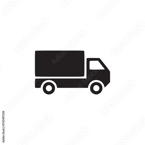 A simple black and white illustration of a delivery truck with a rectangular cargo container on the back