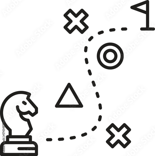 Line style icon of business strategy with chess knight, plan path, and goal symbols. Perfect for marketing, management, planning, and corporate design projects.