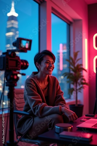 Young woman records a video in a studio with city view