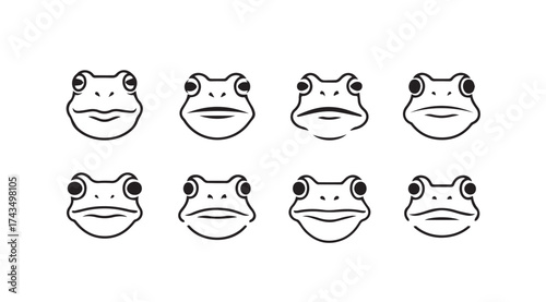 Collection of eight expressive frog faces showing various emotions and moods hand drawn style vector