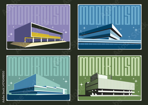 Concrete and Glass Modern Buildings. 1960s - 1970s Modernism Architecture Poster Set. XX century Architectural Style Poster Set