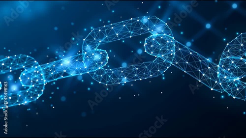 Wallpaper Mural Digital Chainlink: A futuristic digital chainlink glows with an ethereal blue light against a dark background, symbolizing the interconnectedness of data and technology. Torontodigital.ca