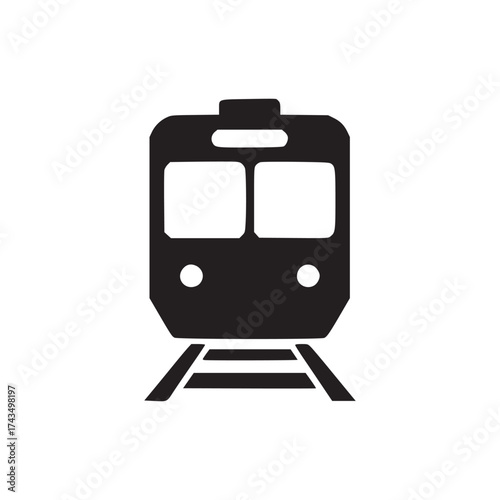 A simple black and white illustration of a train on a track facing forward in a minimalist style