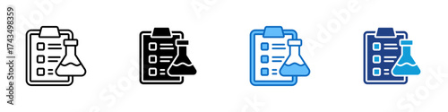 Experiment Report Multiple Style Icon Design Vector - Clipboard with checklist and laboratory flask representing experiment report, experiment data, and results documentation