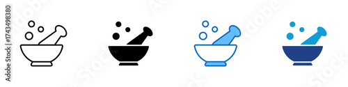 Mortar Bowl Multiple Style Icon Design Vector - Mortar and pestle with bubbles symbolizing traditional medicine, pharmacy, and herbal preparation