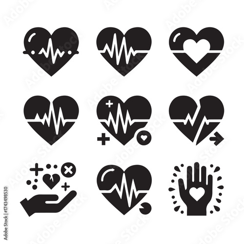 Assortment of Heartbeat and Medical Icons with Hand and Symbol Elements pulse cardiogram