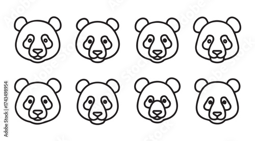 Cute panda head collection simple line art icons adorable bear faces expressive emotions vector