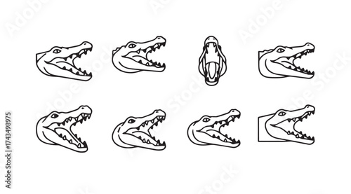 Collection of hand drawn alligator heads various angles opening mouths sketch style vector