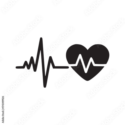 A simple black and white illustration of a heart with a heartbeat line on a white background