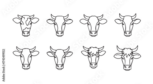 Collection of eight hand drawn cow heads sketch style farm animal icons isolated on white vector