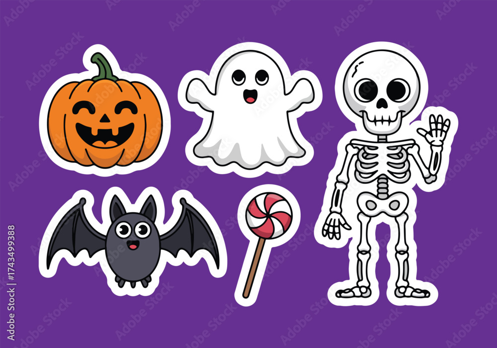 Fototapeta premium Cute Halloween Sticker Set – Ghost, Pumpkin, Skeleton, Bat, and Candy Vector Illustration