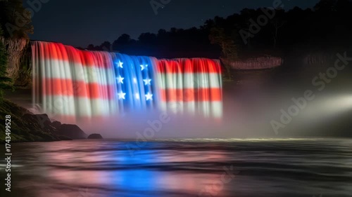 Patriotic spectacle: Majestic waterfall display illuminated with the american flag colors