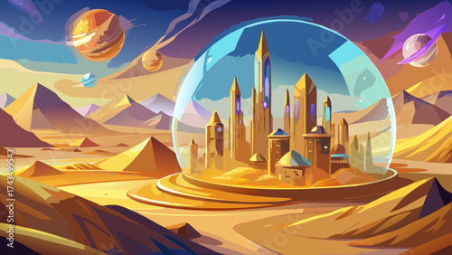 Fantasy desert metropolis shaped from golden sand and holographic glass, glowing under twin suns, reflecting the fusion of magic, energy, and modern imagination.
