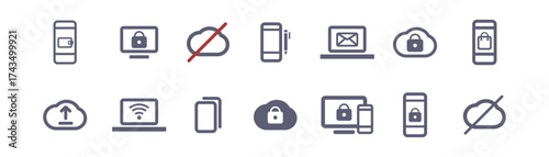 Set of technology icons vector illustration. Wallet, cloud, mail, copying, lock, laptop, wi-fi, edit and type text, upload, shop