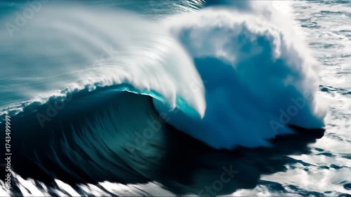 Huge wave crashing in open water of Atlantic ocean. High Quality Aerial slow motion shot of sea or ocean surf with white foam