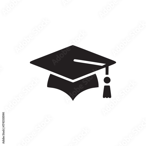 A black graduation cap with a tassel isolated on a white background in a minimalist style image