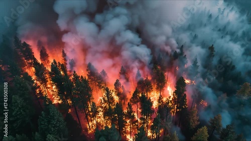 Aerial panoramic view of a forest fire at night, heavy smoke causes air pollution, and fire in full blaze. Natural disaster epic drone cinematic shot.