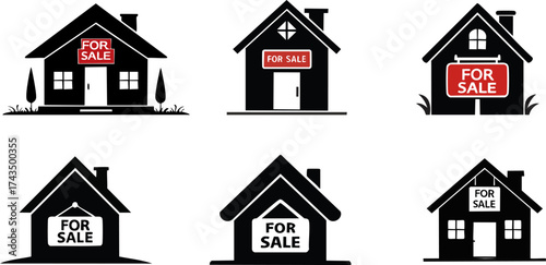 Six black house silhouettes with "For Sale" signs, illustrating real estate listings and property availability for potential buyers.
