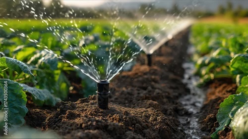 Water dripping on the drip irrigation system used on a farm and saves water with the drop by drop system-the focus moves from the pipe to the soil.