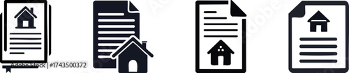 A set of black icons representing real estate documents, featuring houses and paperwork, symbolizing home buying and ownership.