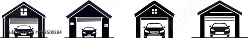 A collection of stylized garage icons featuring cars, showcasing different designs and garage door styles.
