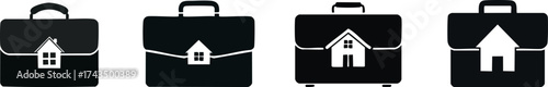 Four icons depict briefcases with house symbols, representing the concept of real estate, property management, and business in the housing market.