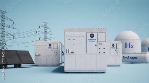Alternative energy concept with 3d rendering group of energy storage systems or battery container units with various sources of energy 4k footage