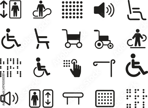Accessibility Icon Set – Wheelchair, Braille, and Disability Symbol Vector Collection