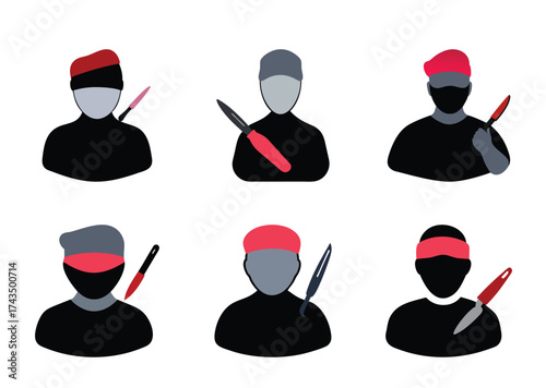 Stylized assassins or cooks holding knives, wearing masks or hats, on white background