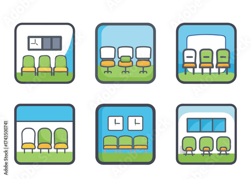 Various waiting room illustrations with different styles and color schemes presented nicely