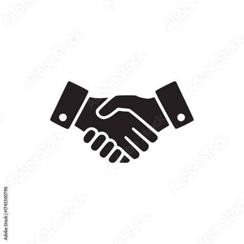 A simple black and white graphic illustration of two hands clasped together in a handshake symbol
