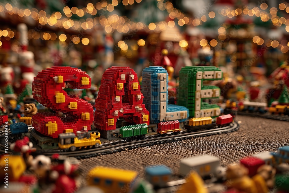 Obraz premium Colorful holiday toy train set with sale sign in festive display