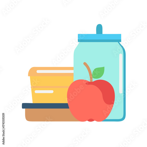 School lunch box with apple and drink container in bright colors  