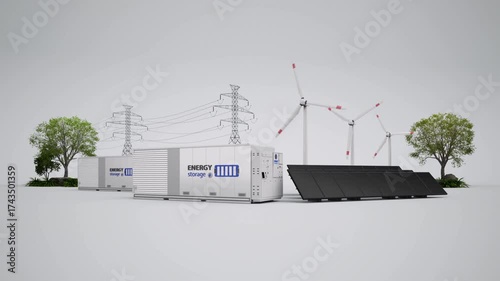 Alternative energy concept with 3d rendering group of energy storage systems or battery container units with various sources of energy 4k footage