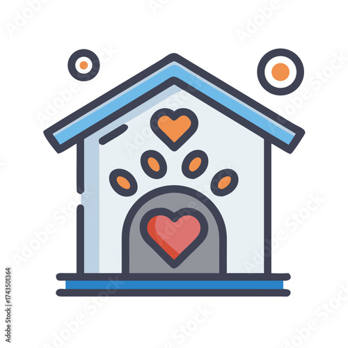 Cartoon house with hearts and paw prints symbolizing charity concept  