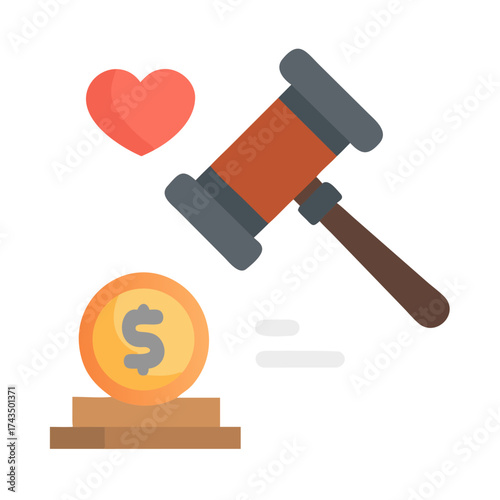 Gavel hitting a coin with a heart symbolizing charity concept  