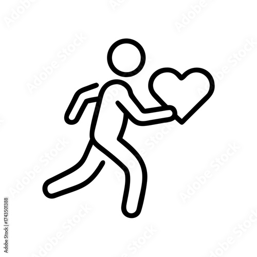 Line drawing of a person running while holding a heart symbol, concept of charity  