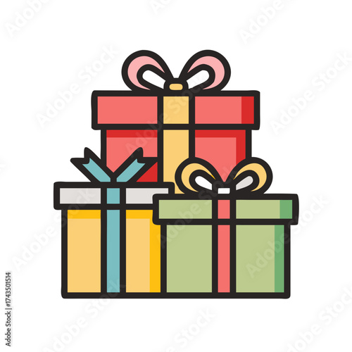 Colorful gift boxes stacked with ribbons on white background - Concept of icon, vector, Charity  