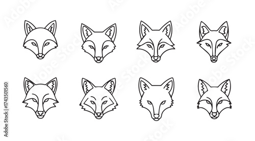 Set of eight hand drawn fox faces with sketchy outline expressive eyes and pointed ears vector