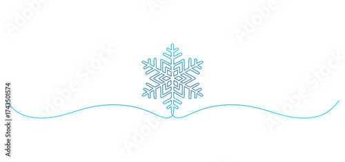 Minimalist blue line art illustration of a snowflake with geometric symmetry placed above a smooth decorative wave line. The clean, elegant design symbolizes winter, cold weather