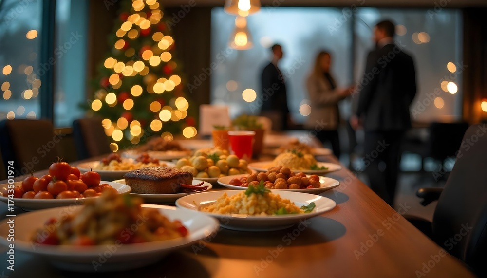 Fototapeta premium A festive table with food and drinks set in front of a decorated Christmas tree at an office holiday party