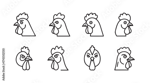 Collection of eight diverse chicken head icons showing different angles and expressions line art vector
