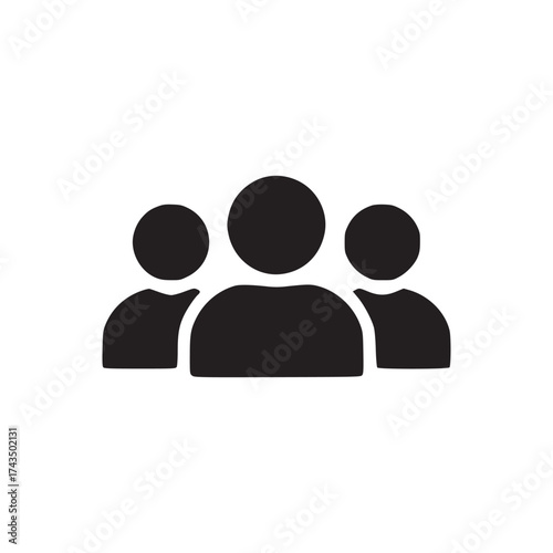 A simple black and white icon showing a group of three people in a minimalist style on a white background