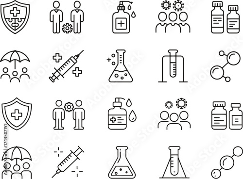 Medical and Vaccine Icon Set – Health, Laboratory, and Immunity Vector Illustration Collection